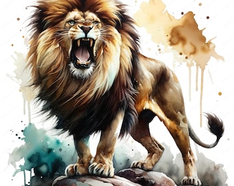 Enraged Lion Watercolor Clipart | Ferocious Wildlife Art (Digital Prints)