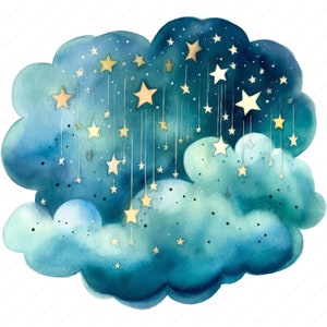 May include: Watercolor illustration of a cloud in shades of blue and teal, with gold stars of varying sizes. Some stars are suspended on delicate lines, creating a dreamy, celestial design. The artwork has a soft, artistic feel.