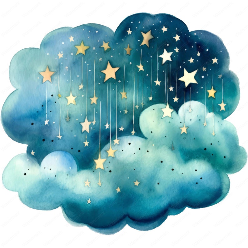 May include: Watercolor illustration of a cloud in shades of blue and teal, with gold stars of varying sizes. Some stars are suspended on delicate lines, creating a dreamy, celestial design. The artwork has a soft, artistic feel.