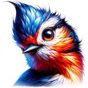 May include: A close-up of a colorful bird with blue, red, orange, and white feathers. The bird's eye is large and brown, and its beak is black. The bird's feathers are arranged in a pattern that resembles scales.