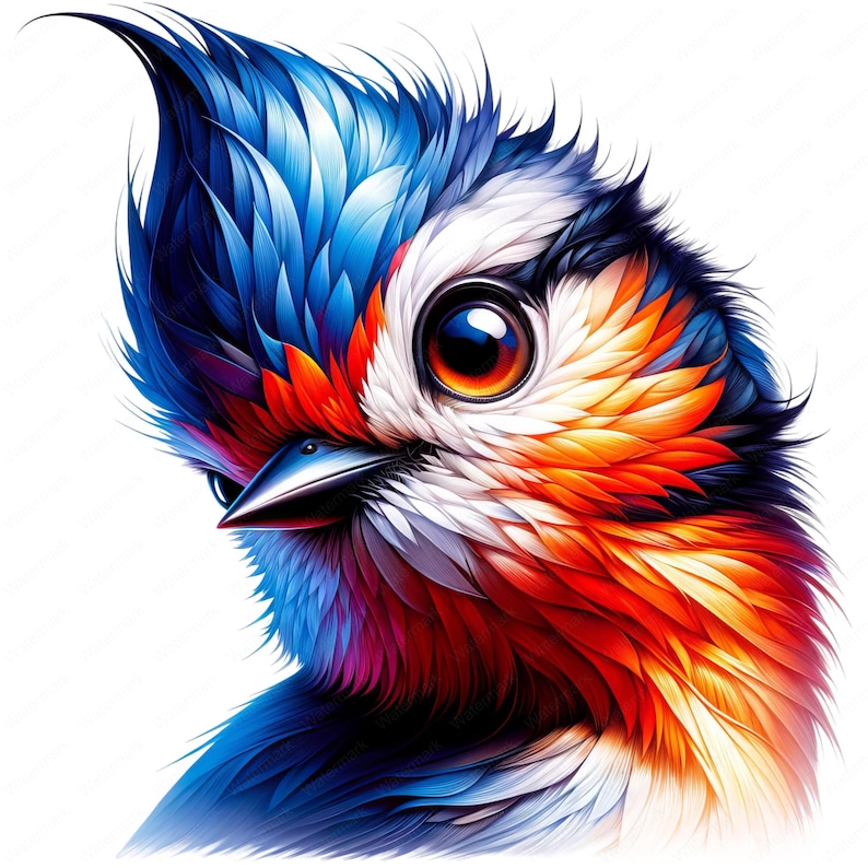 May include: A close-up of a colorful bird with blue, red, orange, and white feathers. The bird's eye is large and brown, and its beak is black. The bird's feathers are arranged in a pattern that resembles scales.