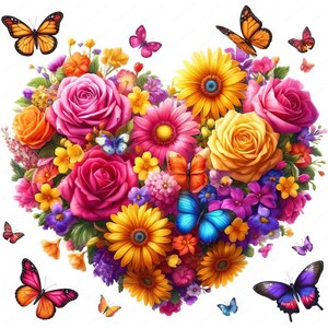 May include: A heart-shaped floral arrangement composed of vibrant roses, daisies, and other flowers in shades of pink, yellow, orange, and purple. Butterflies in various colors, including orange, pink, and blue, are scattered around the flowers, creating a lively and colorful design.