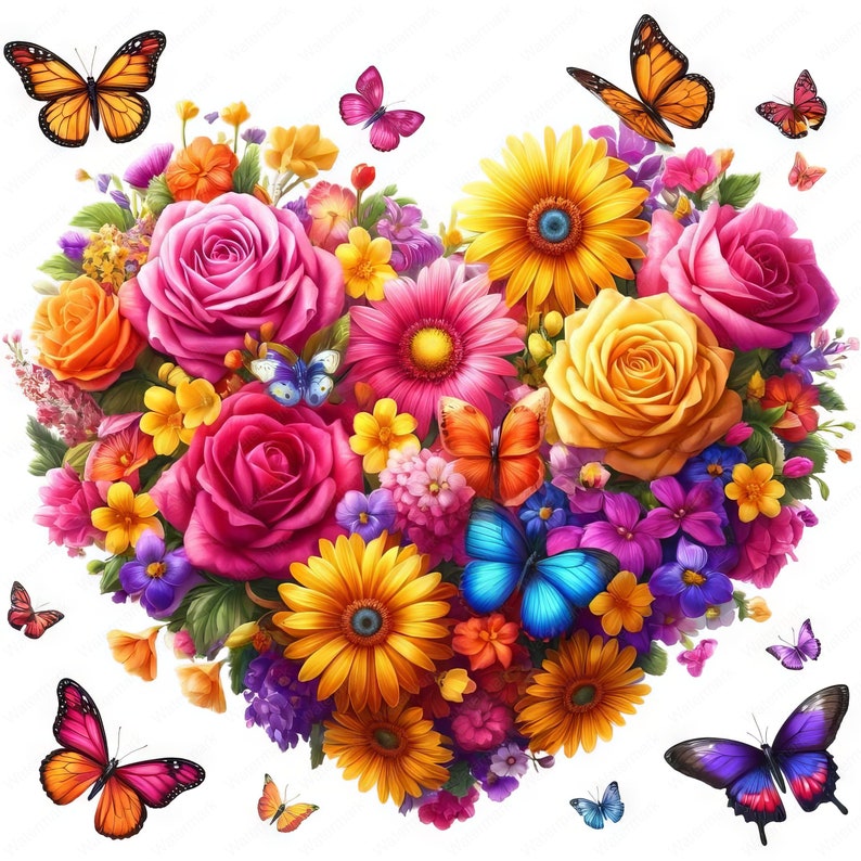 May include: A heart-shaped floral arrangement composed of vibrant roses, daisies, and other flowers in shades of pink, yellow, orange, and purple. Butterflies in various colors, including orange, pink, and blue, are scattered around the flowers, creating a lively and colorful design.