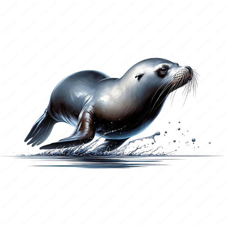 May include: A dark grey seal with a wet, shiny coat leaps out of the water, creating a spray of water droplets. The seal has a long snout and whiskers.