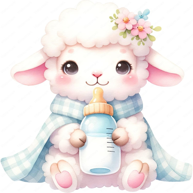 May include: A white lamb with a blue and white checkered scarf holds a blue baby bottle with a yellow nipple. The lamb has a pink nose and pink ears. The lamb is wearing a flower crown with pink and blue flowers.
