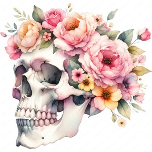 Puede incluir: Un cr&aacute;neo humano blanco con una corona de flores rosas, amarillas y blancas. El cr&aacute;neo est&aacute; pintado en estilo acuarela, y las flores son realistas.