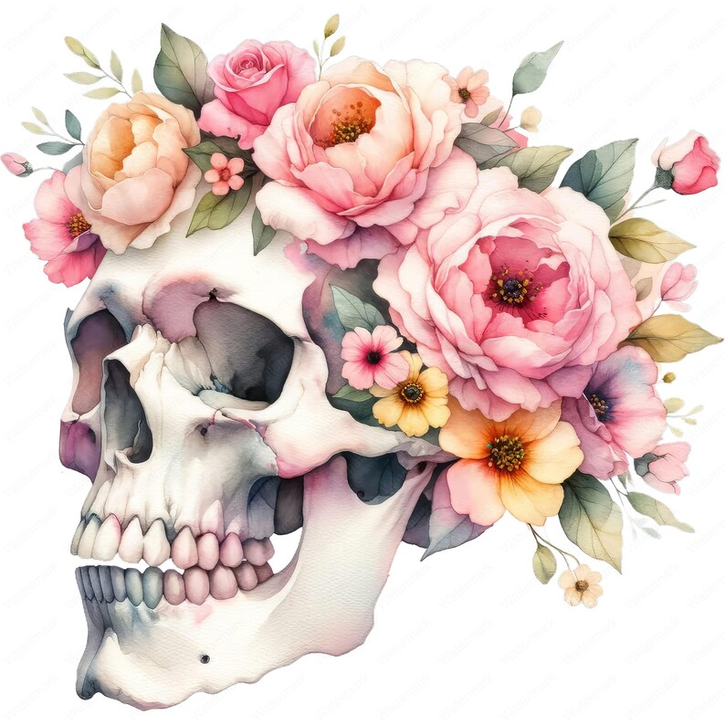 Puede incluir: Un cr&aacute;neo humano blanco con una corona de flores rosas, amarillas y blancas. El cr&aacute;neo est&aacute; pintado en estilo acuarela, y las flores son realistas.