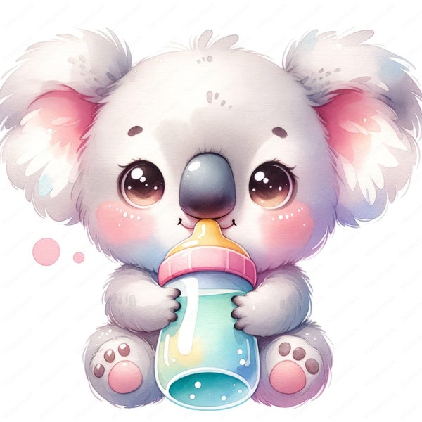 Baby Koala with Baby Bottle Clipart | 10 High-Quality Images | Nursery Decor | Baby Shower | Digital Prints | Commercial Use