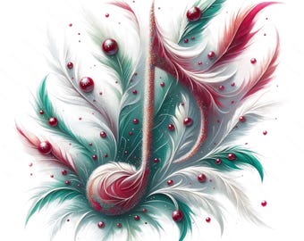 May include: A musical note design composed of white, teal, and red feathers, adorned with small red spheres. The feathers are arranged around the note, creating a decorative and artistic composition. The design is set against a white background.