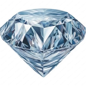May include: A large, clear, faceted diamond with a blue hue. The diamond is cut in a round brilliant shape and has a high degree of brilliance.
