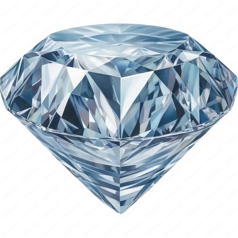 May include: A large, clear, faceted diamond with a blue hue. The diamond is cut in a round brilliant shape and has a high degree of brilliance.