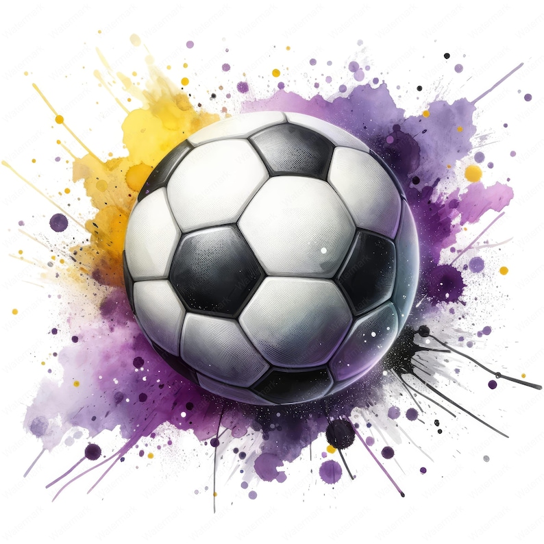 Puede incluir: Un bal&oacute;n de f&uacute;tbol blanco y negro con un fondo de salpicaduras de acuarela p&uacute;rpura y amarillo.