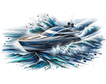 May include: A blue and silver yacht speeding through turquoise and blue waves. The yacht has a large windscreen and a sleek design.