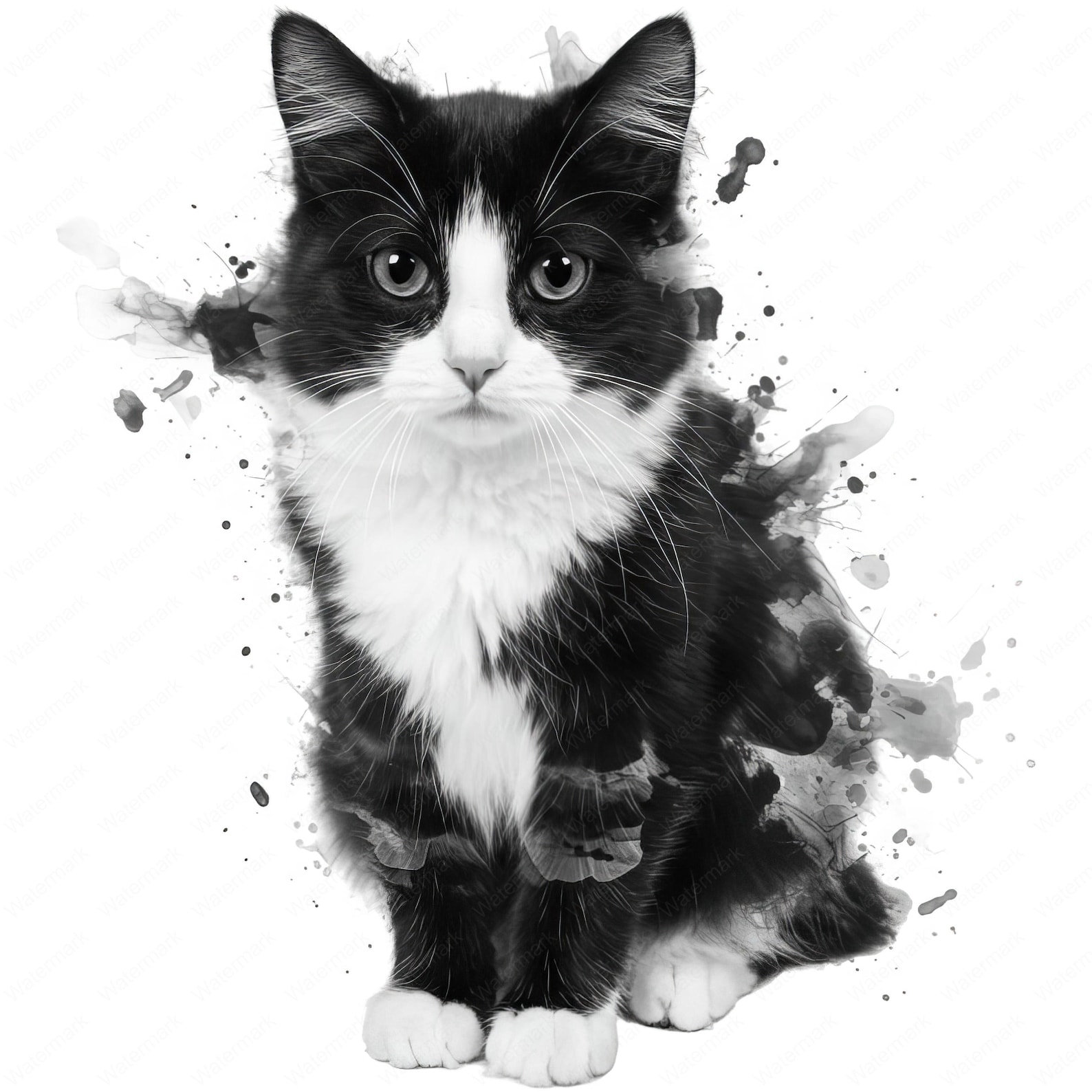 Watercolor Cat Clipart: Black & White Feline PNG Bundle (digital ...
