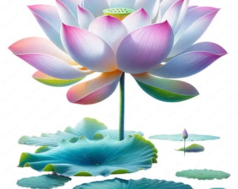 穏やかな蓮の花のクリップアート集：花柄アートの印刷用素材（デジタル