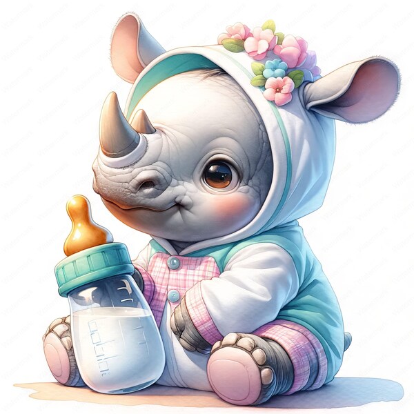 Baby Rhino Clipart | Adorable Baby Bottle Clipart Bundle | 10 High-Quality Images | Nursery Animal Art | Printables | Commercial Use
