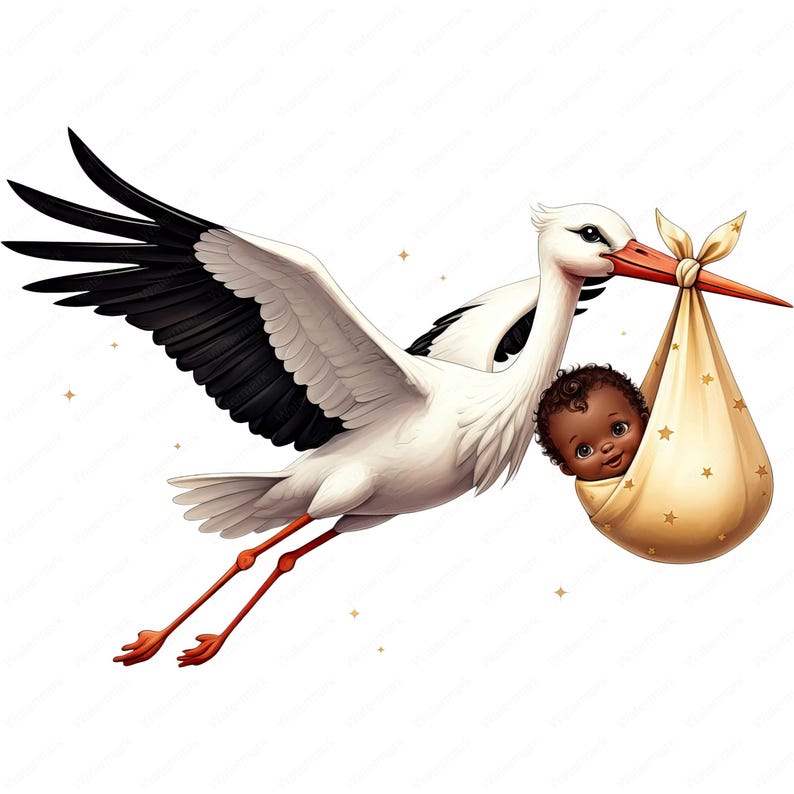 May include: A white stork with black wings carries a baby wrapped in a gold and white blanket with stars. The baby has brown skin and dark hair.