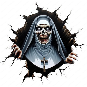 May include: A scary zombie nun with a white habit and a silver cross necklace is breaking through a cracked wall. Her eyes are wide and her mouth is open in a scream.