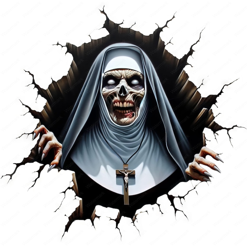 May include: A scary zombie nun with a white habit and a silver cross necklace is breaking through a cracked wall. Her eyes are wide and her mouth is open in a scream.