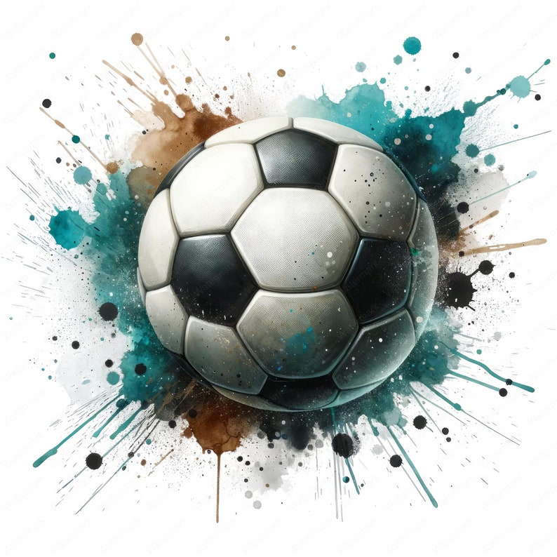 Puede incluir: Un bal&oacute;n de f&uacute;tbol blanco y negro con una superficie texturizada, rodeado de una salpicadura de acuarela turquesa y marr&oacute;n.