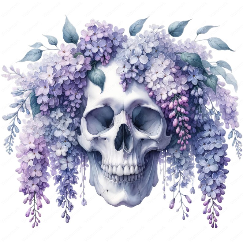 Puede incluir: Un cr&aacute;neo humano blanco con una corona de flores de lila p&uacute;rpura y azul. El cr&aacute;neo est&aacute; de frente con la boca ligeramente abierta. Las flores est&aacute;n en plena floraci&oacute;n y tienen una calidad delicada y et&eacute;rea.