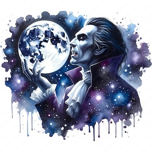 K&ouml;nnte beinhalten: Ein Aquarellbild eines Vampirs in einem dunkelvioletten und wei&szlig;en Kost&uuml;m, der einen leuchtenden Mond in der Hand h&auml;lt. Der Hintergrund ist eine dunkelblaue und violette Galaxie mit wei&szlig;en Sternen.