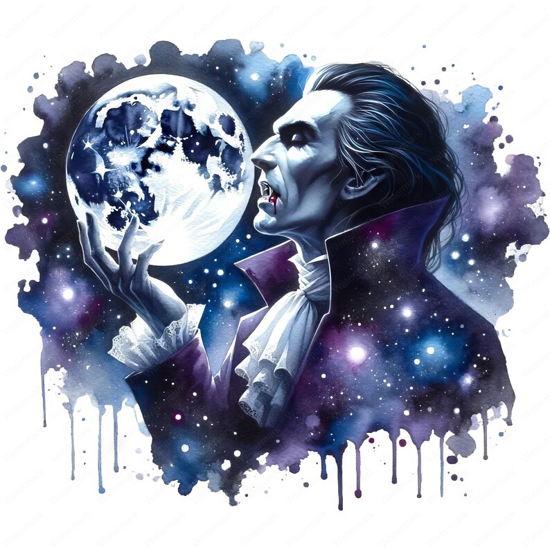 K&ouml;nnte beinhalten: Ein Aquarellbild eines Vampirs in einem dunkelvioletten und wei&szlig;en Kost&uuml;m, der einen leuchtenden Mond in der Hand h&auml;lt. Der Hintergrund ist eine dunkelblaue und violette Galaxie mit wei&szlig;en Sternen.