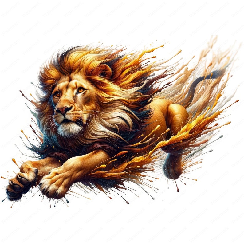 Pu&ograve; includere: Un maestoso leone con una criniera fluente salta attraverso un'esplosione di schizzi di vernice colorati. La pelliccia del leone &egrave; di un ricco marrone e oro, e la vernice &egrave; un mix vibrante di giallo, arancione e rosso.