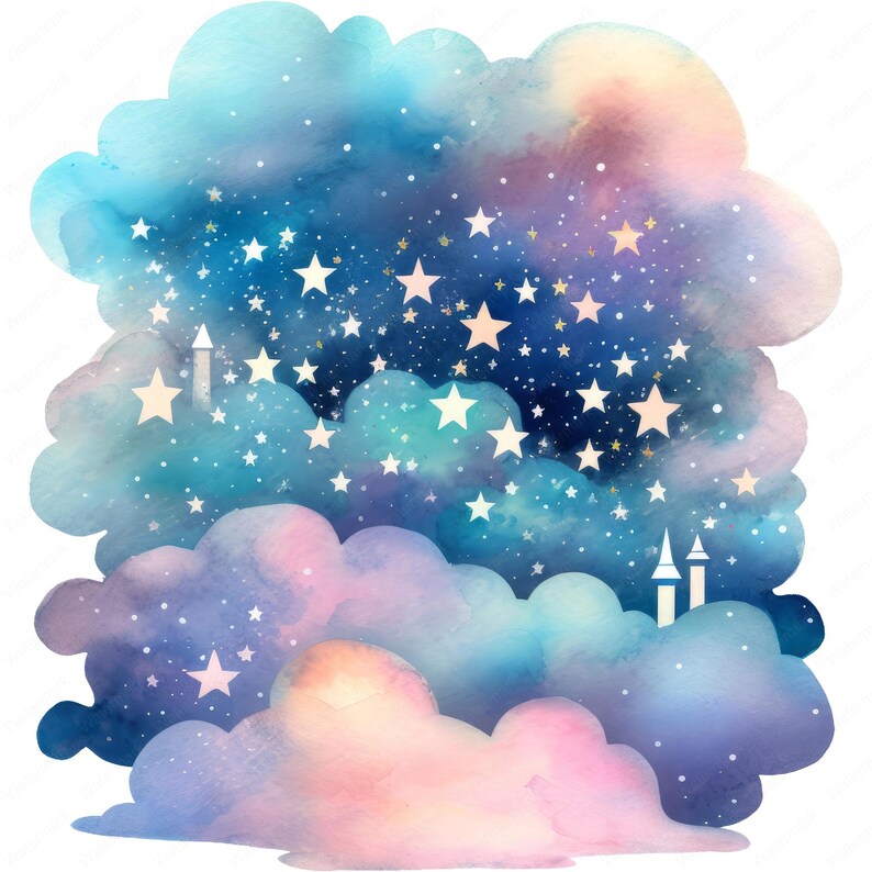 May include: Watercolor illustration of a dreamy night sky with fluffy clouds in shades of blue, purple, and pink. The night sky is filled with stars and a few gold accents. Two white castle towers are visible.