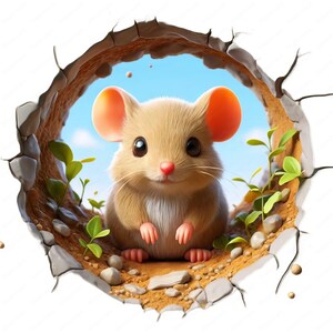 May include: A cute, cartoon-style brown mouse with pink ears peeks out of a hole in a wall. The mouse has a sweet expression and is looking directly at the viewer. The background is a blue sky with white clouds.