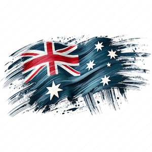May include: A blue and white Australian flag with a red and white Union Jack in the upper left corner. The flag is painted in a brushstroke style and has a white background.