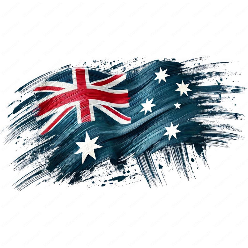 May include: A blue and white Australian flag with a red and white Union Jack in the upper left corner. The flag is painted in a brushstroke style and has a white background.
