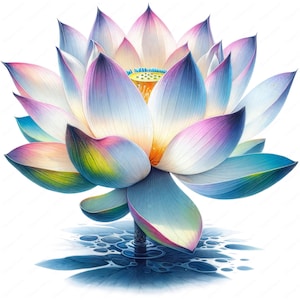 May include: A vibrant, multi-colored lotus flower with pink, blue, and green hues. The flower is in full bloom and has a yellow center. The lotus is floating on a dark blue water surface.