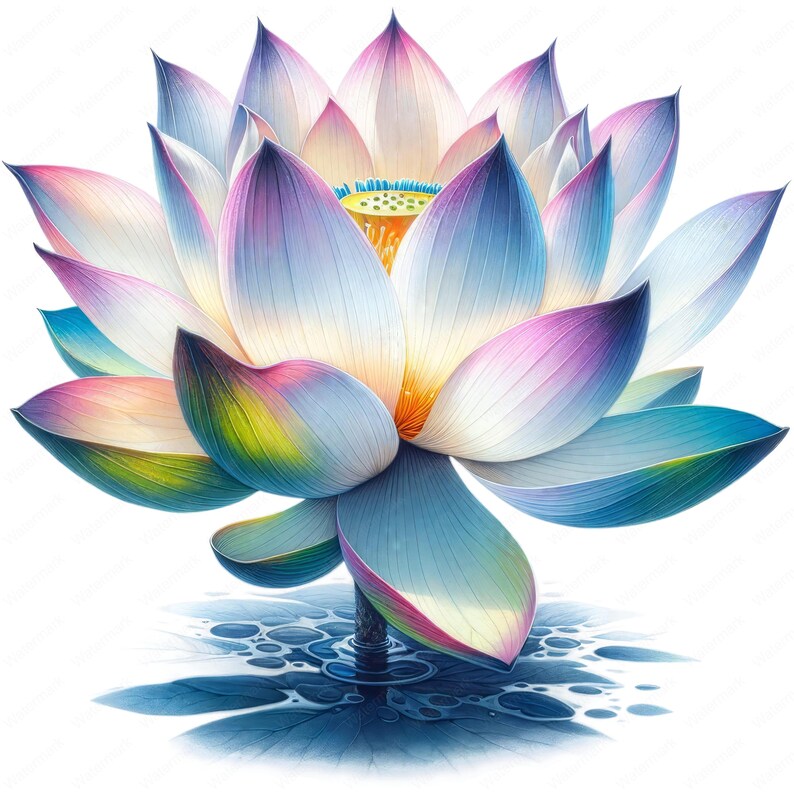 May include: A vibrant, multi-colored lotus flower with pink, blue, and green hues. The flower is in full bloom and has a yellow center. The lotus is floating on a dark blue water surface.