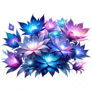 May include: A bouquet of blue, purple and pink flowers with glowing centres. The flowers have a delicate, ethereal quality.