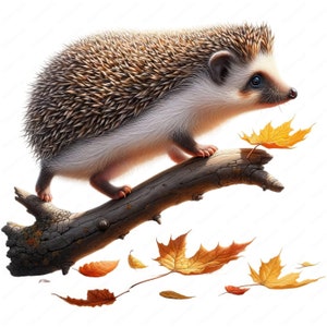 May include: A brown and white hedgehog walks on a branch with fallen autumn leaves. The leaves are yellow, orange, and red.