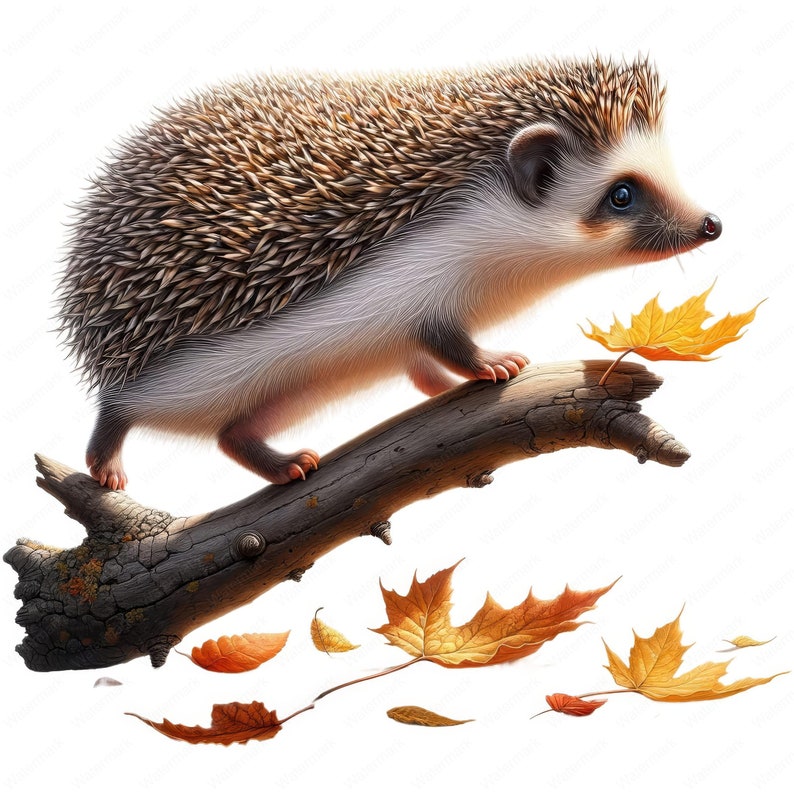 May include: A brown and white hedgehog walks on a branch with fallen autumn leaves. The leaves are yellow, orange, and red.