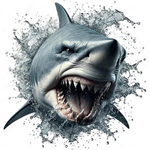 May include: A close-up of a great white shark with its mouth open, showing sharp teeth. The shark is surrounded by water droplets, creating a dynamic and powerful image.
