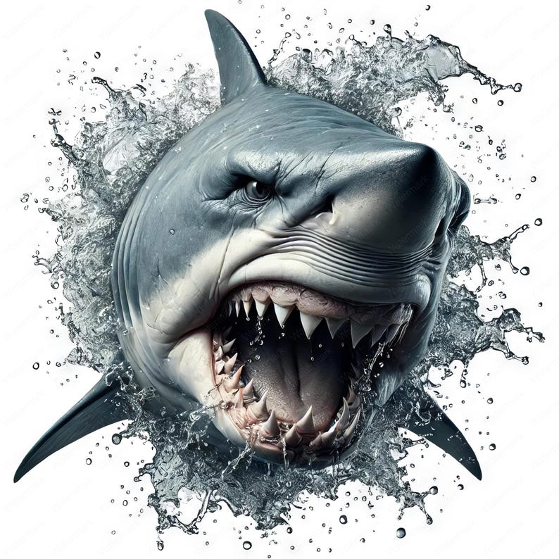 May include: A close-up of a great white shark with its mouth open, showing sharp teeth. The shark is surrounded by water droplets, creating a dynamic and powerful image.