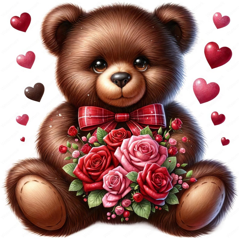 May include: A brown teddy bear holding a bouquet of red, pink, and white roses. The bear is wearing a red and white plaid bow tie. The background is white with red hearts.