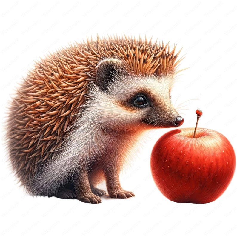 May include: A small brown and white hedgehog with a red apple in front of it. The hedgehog is looking at the apple with its nose touching it.