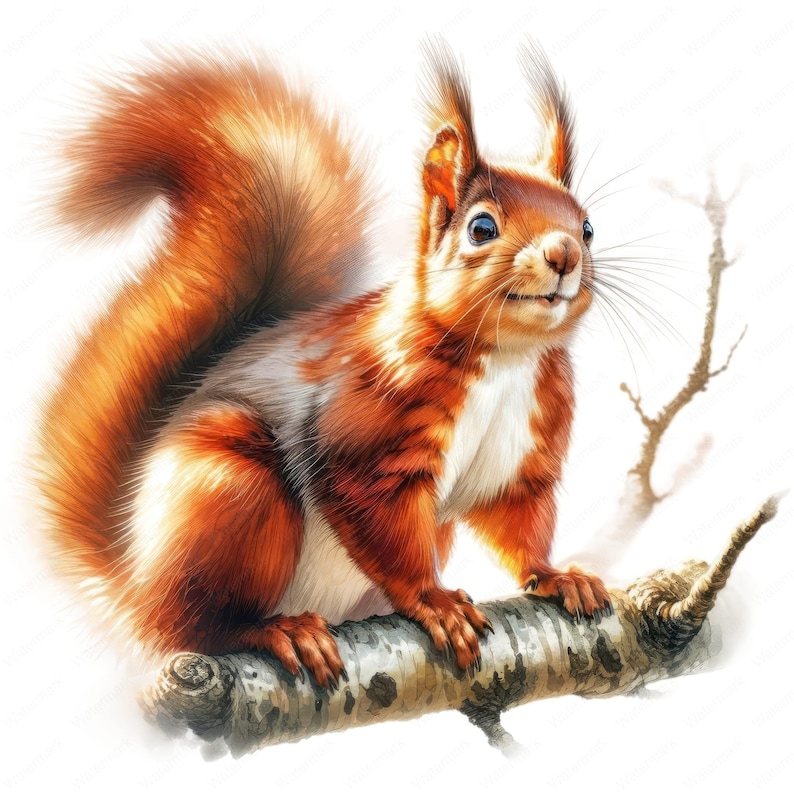 May include: A detailed illustration of a squirrel perched on a tree branch. The squirrel has reddish-brown fur with a fluffy tail and a white patch on its chest. It is smiling, with its eyes open. The branch is a light brown color.