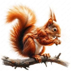 May include: A detailed illustration of a red squirrel perched on a branch, holding a nut. The squirrel has fluffy, reddish-brown fur and a large, bushy tail. The branch is brown and textured, set against a white background.
