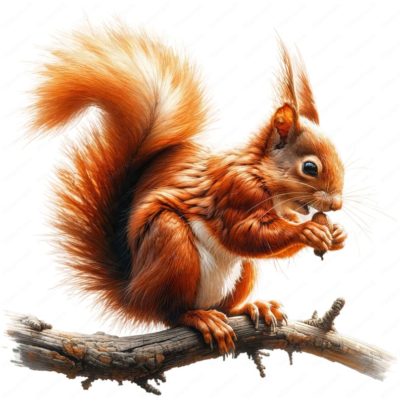 May include: A detailed illustration of a red squirrel perched on a branch, holding a nut. The squirrel has fluffy, reddish-brown fur and a large, bushy tail. The branch is brown and textured, set against a white background.