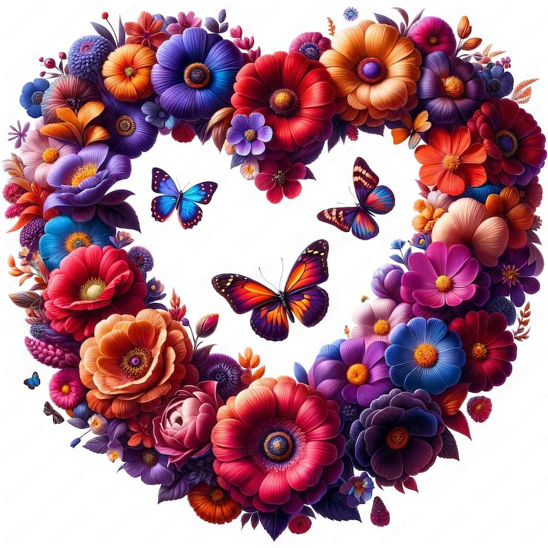 May include: A heart-shaped floral arrangement composed of vibrant flowers in shades of red, orange, purple, and blue. Three butterflies with colorful wings are positioned within the heart's center. The image is set against a white background.