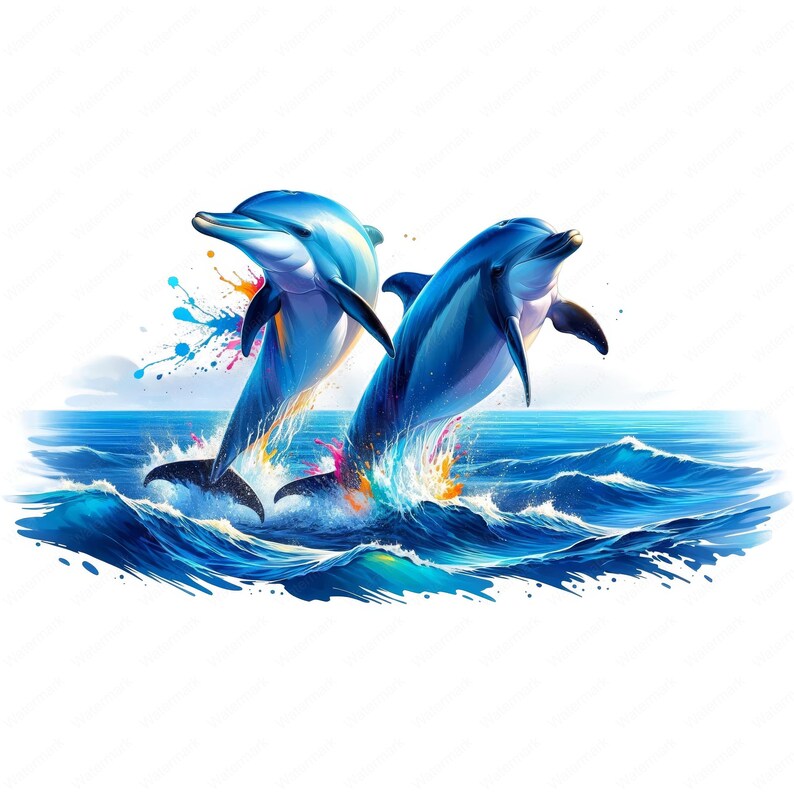 Puede incluir: Dos delfines azules saltan fuera del agua, creando salpicaduras de pintura colorida. Los delfines est&aacute;n en el aire, con sus colas y aletas extendidas. El agua es de un azul profundo y el fondo es blanco.