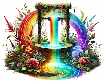 May include: A rainbow waterfall flows from a well surrounded by lush greenery. The well is made of stone and has a wooden frame. The rainbow is vibrant and colorful, and the water is sparkling. The scene is magical and whimsical.