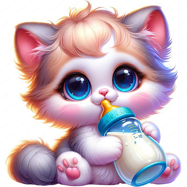 kitten with Baby Bottle Clipart | 10 High-Quality Images | Nursery Decor | Cute Animal Illustrations | Digital Prints | Commercial Use