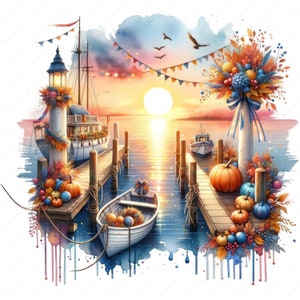 May include: A watercolor painting of a harbor scene with a sailboat docked at a pier. The pier is decorated with fall foliage, pumpkins, and gourds. The sky is a vibrant orange and pink, and the sun is setting over the water.