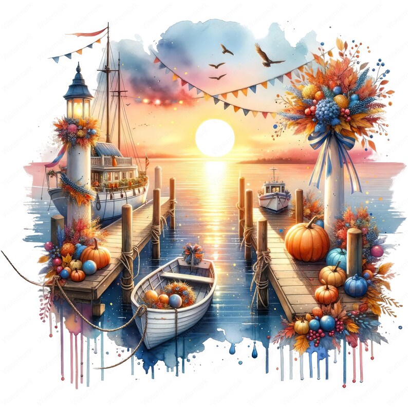 May include: A watercolor painting of a harbor scene with a sailboat docked at a pier. The pier is decorated with fall foliage, pumpkins, and gourds. The sky is a vibrant orange and pink, and the sun is setting over the water.